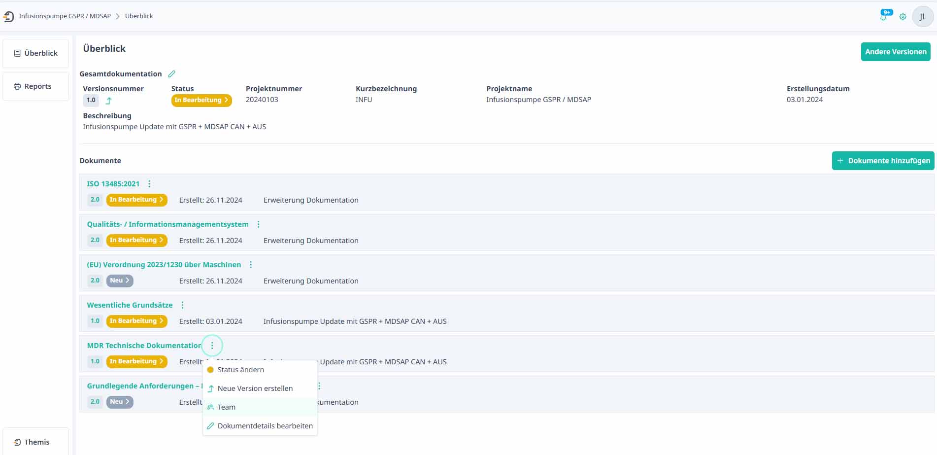 BAYOOSOFT Themis – Screenshot Projektübersicht: Detailansicht der Dokumentversionen