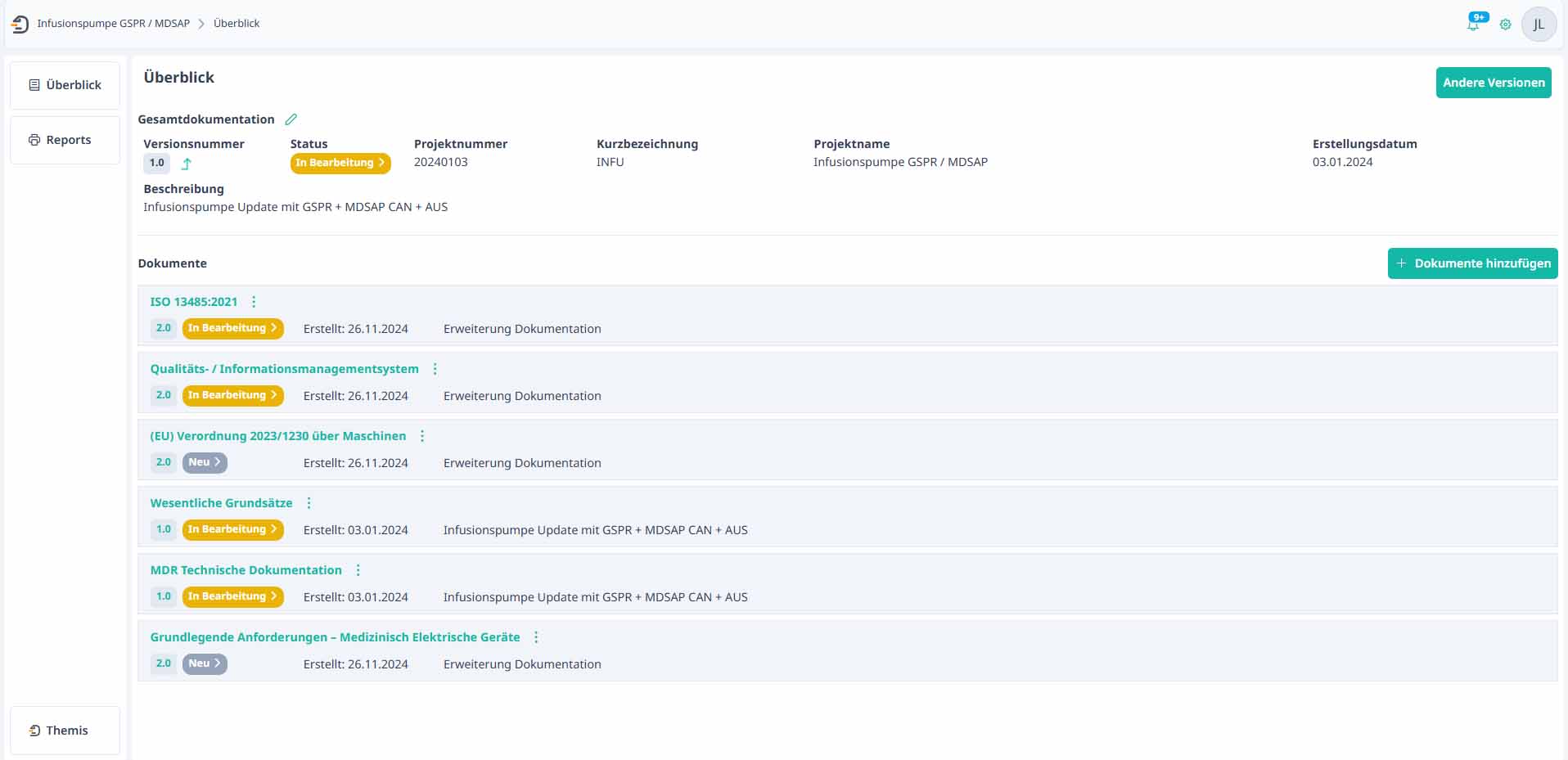 BAYOOSOFT Themis - Screenshot project overview: Documents and versioning at a glance