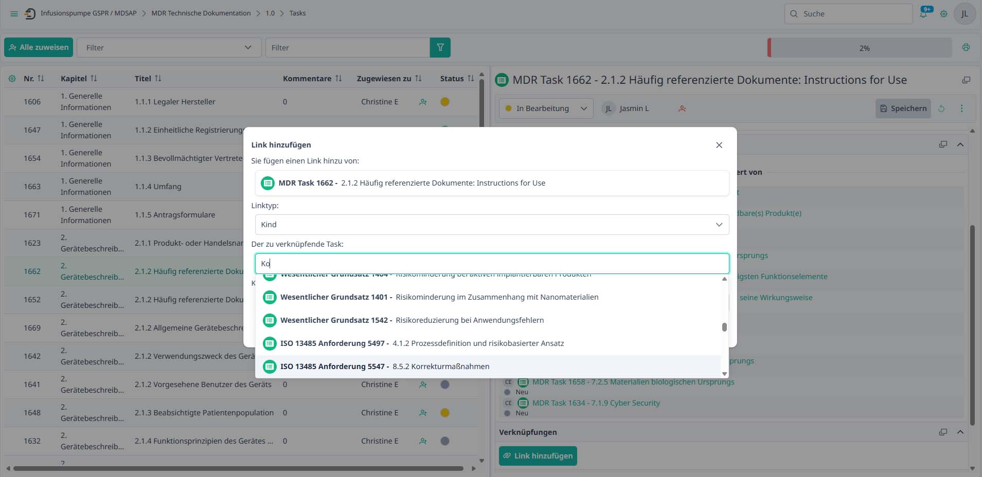 BAYOOSOFT Themis – Screenshot: Tasks mit Dokumenten verknüpfen